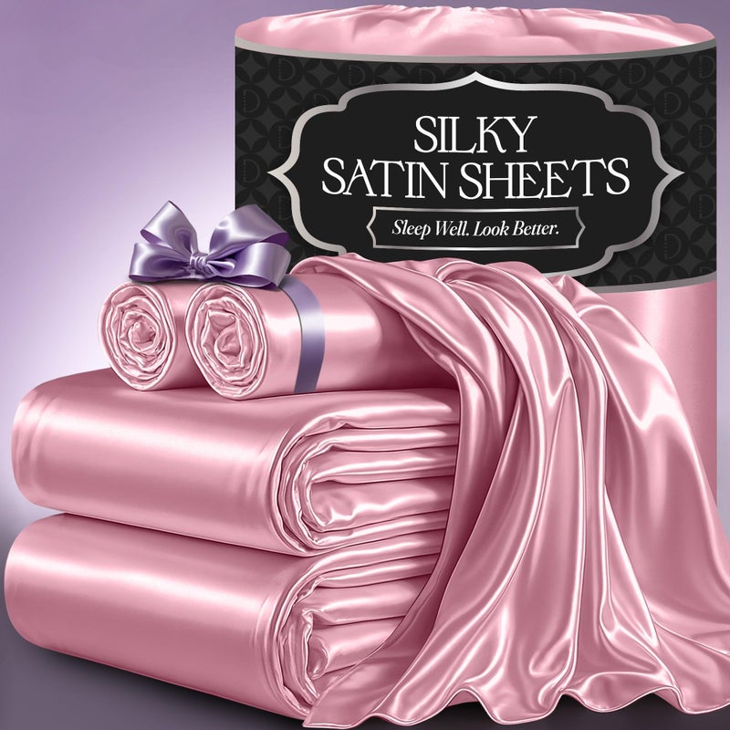 DECOLURE Satin Bed Sheets - 4 Piece Luxury Silky Full Size Bedding Set - Softer Than Silk, Wrinkle-Free with 15â€ Deep Pocket Fitted Sheet, Perfect for Hair & Skin, Gifts for Women (Pink) - Image 1